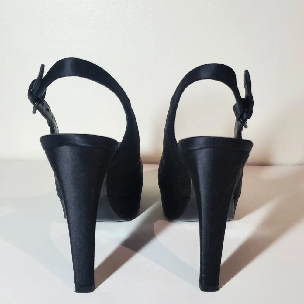 Stewart Weitzman Black Satin Sling-back‎ Pumps Size 9M Rounded Toe